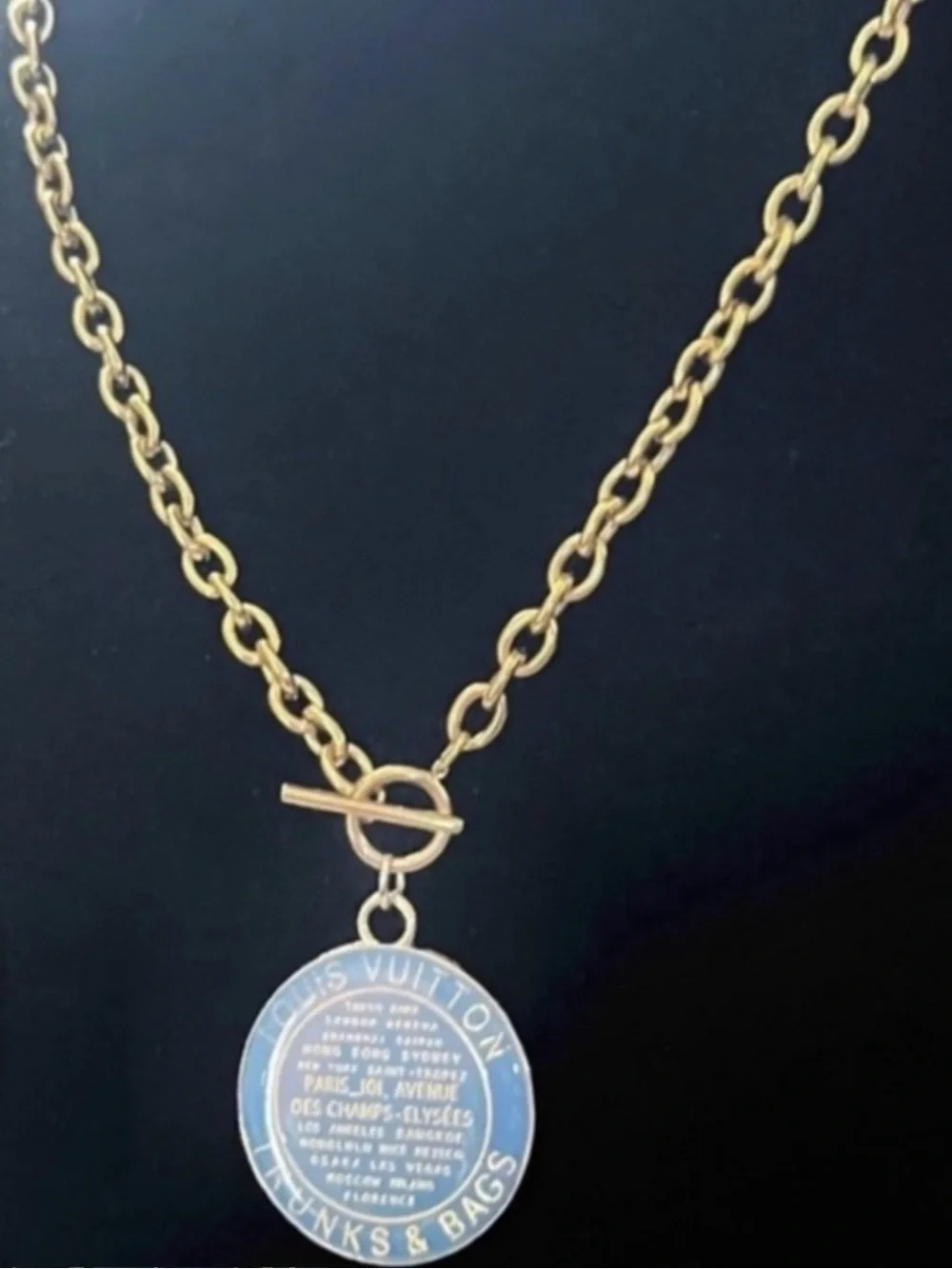 Louis Vuitton Gold Chain Necklace with Blue Medallion